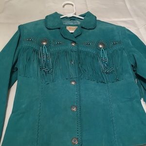 Turquoise Western Fringe Leather Jacket
